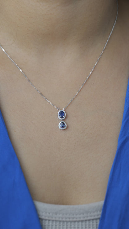 Oval Natural Blue Sapphire Halo Diamond Necklace