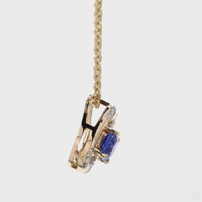 Natural Blue Sapphire Halo Diamond Pendant Necklace