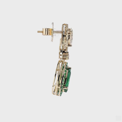 Natural Emerald Diamond Halo Dangle Earrings