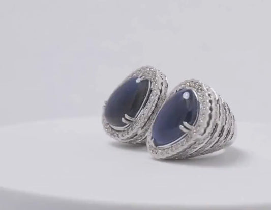 Cabochon Blue Sapphire and Diamond Open Cuff Ring