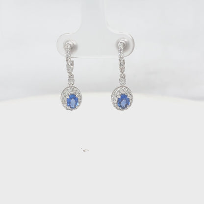 Natural Oval Sapphire & Diamond Halo Drop Earrings