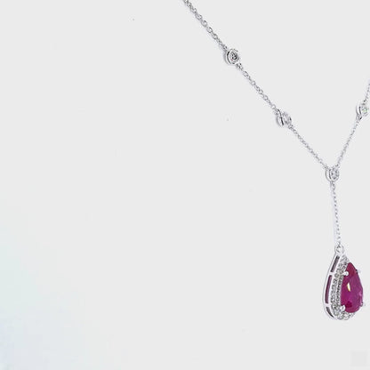 Pear Cut Ruby Diamond Drop Station Necklace