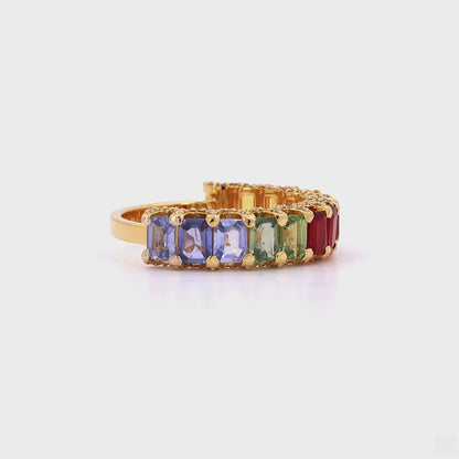 Multi Stone Emerald Cut Sapphire Gemstone Band Ring