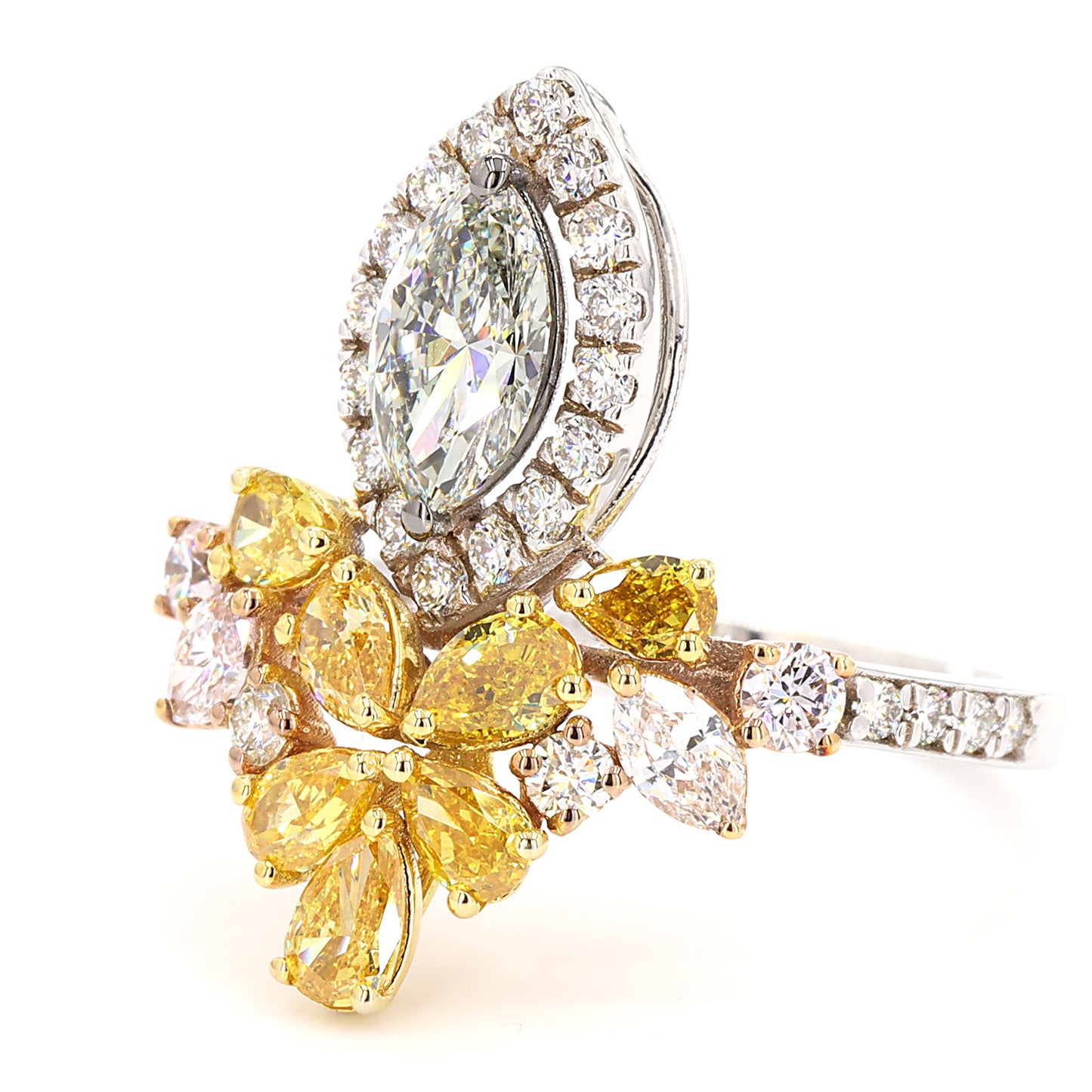 Yellow Pink Diamond Flower Ring